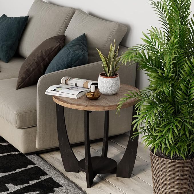 COZAYH Rustic Farmhouse End Table with Storage Shelf, French Country Modern Round Accent Side Table for Small Spaces, Wood Top & Black Base