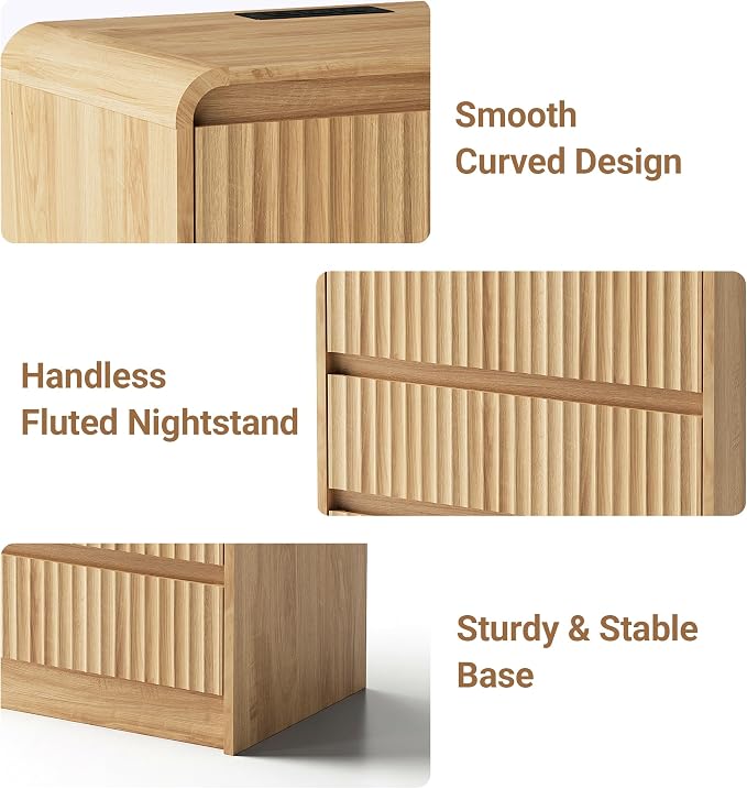 Seang Nightstand Set of 2,Fluted Nightstand with Charging Station,Wooden Bedside Table with Curved Profile Design,3 Drawers Storage,Large End Table for Bedroom,Natural. - Image 6