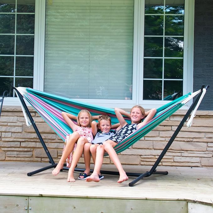 Vivere Double Cotton Hammock with Space Saving Steel Stand, Upgraded Polyester End Strings 450 lb Capacity - Premium Carry Bag Included - USA Grown Cotton (Watermelon) - Image 5
