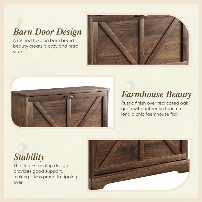 Semiocthome Farmhouse Shoe Storage Cabinet with 2 Flip Drawers, 31.5"(W) Freestanding Shoe Organizer with Barn Door and Metal Handles for Entryway, Corner Rustic Narrow Shoe Rack Cabinet - Walnut - Image 7