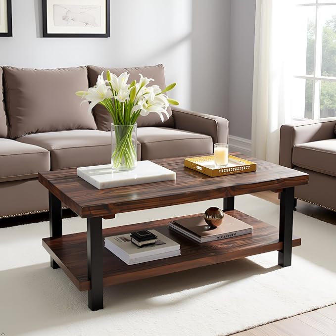 Alaterre Furniture Pomona Living Room Tables – 48 Inch Rectangular Solid Wood Coffee Table with Storage Shelf & Metal Legs – Rustic Industrial Farmhouse Large Living Room Table (Rustic Brown)