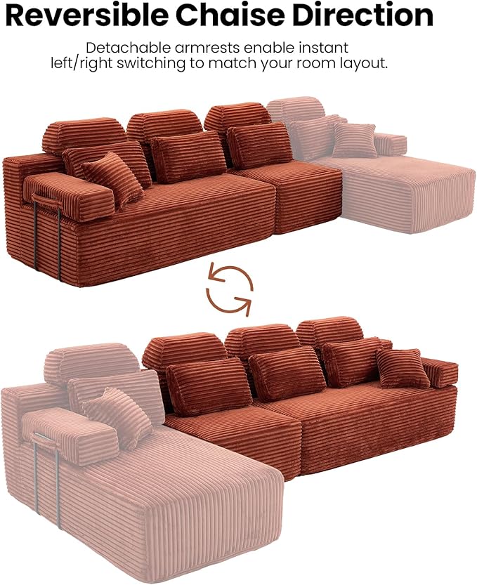 136" L Shaped Cloud Modular Sectional Sofa with Chaise & Headrest, Boneless Deep Seat Plush Corduroy Couches for Large Living Room, No Assembly Required (Orange, 136" L-shapred Chaise)