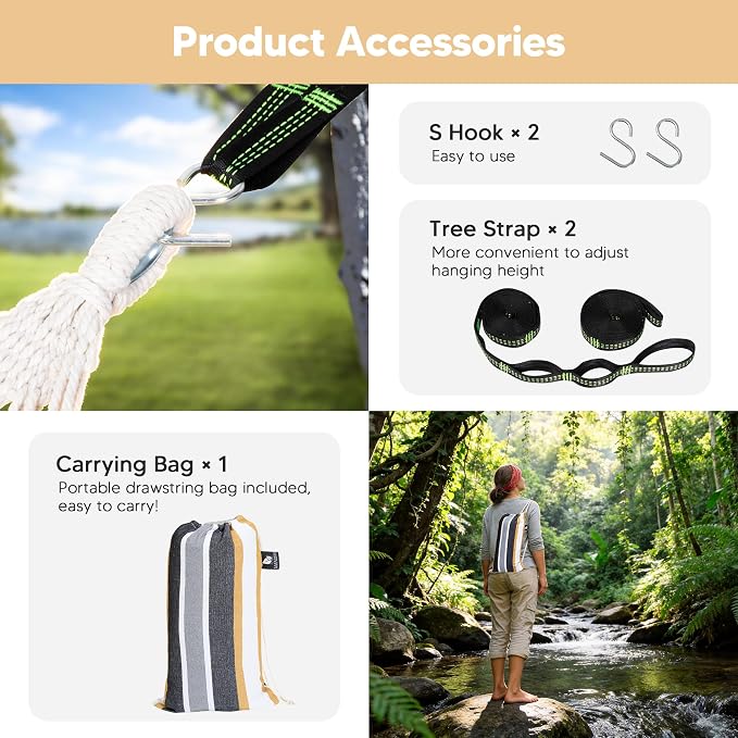 SUNCREAT Hammocks Outdoor Camping Double Hammock with Spreader Bar, Carrying Bag, Hammock Without Stand, Coffee - Image 6