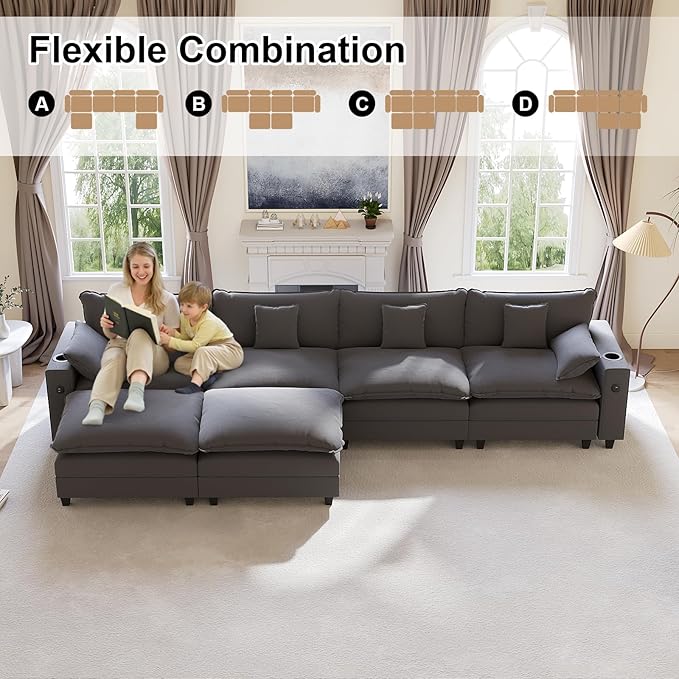 152" Modular Sectional Sofa, U Shaped Cloud Couch with Movable Ottoman, Chenille Deep Seat Cloud Sofa with Charging Station, Cup Holder, Side Pocket, Sectional Couches for Living Room, Grey
