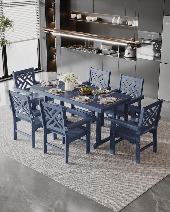 7-Piece Outdoor Dining Set, HDPE All-Weather Patio Table and Chairs Set for 6, Outdoor Patio Furniture Sets with Umbrella Hole for Outside, Deck, Backyard, Garden (Navy Blue) - Image 8