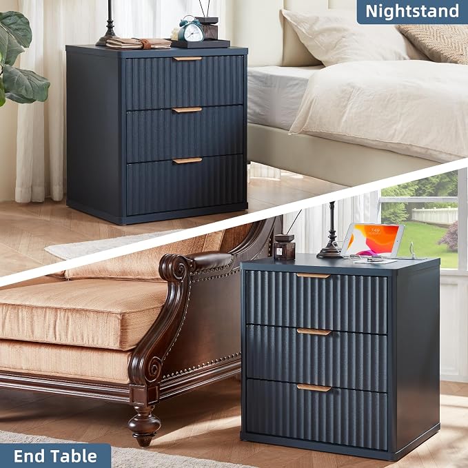 LEYAOYAO 23" Wide Fluted Farmhouse Night Stand Set of 2 with Charging Station, 3 Drawers Large End Table w/Metal Handle,Nightstand Bedside Table,Wood Dresser for Bedroom, Closet,Blue - Image 8