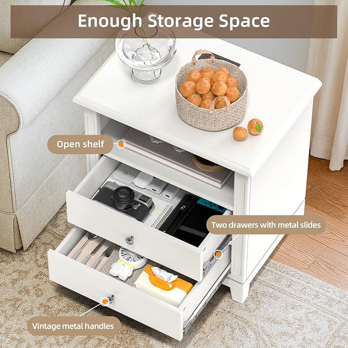 24" Wide Farmhouse Nightstand with Charging Station, Solid Wood End Table with 2 Large Drawers & Open Shelf, Bedside Table with USB Ports and Outlets, Side End Table for Bedroom - Image 4