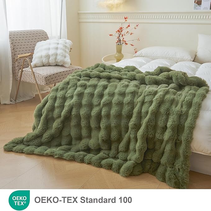 LIFEREVO Fluffy Faux Rabbit Fur Bubble Blanket, Plush Shaggy Throw for Couch Sofa, Cozy Comfy Furry Bed Blanket Adults Kids Teens Girls, Moss Fuzzy Throw for Bedroom Living Room, 60x90, Sage Green