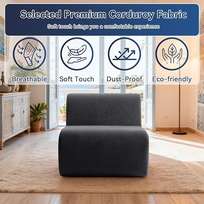 Boneless Sofa 26'' Single Sofa 1 Seater Cloud Floor Couch Corduroy, No Assembly Needed Modern Compression Armless Couch in A Box Erogonomic for Living Room,Bedroom,Office, Dark Gray