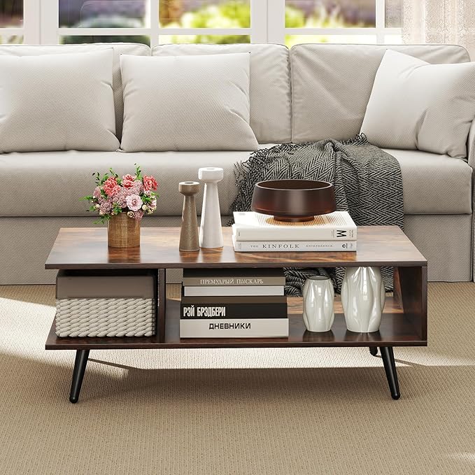 Giantex Coffee Table with Storage, Mid Century Modern Center Table for Living Room, Rectangle Tea Table with Open Storage Shelf & Floor-Anti-Scratching Tapered Metal Legs, Rustic Brown (Rustic Brown)