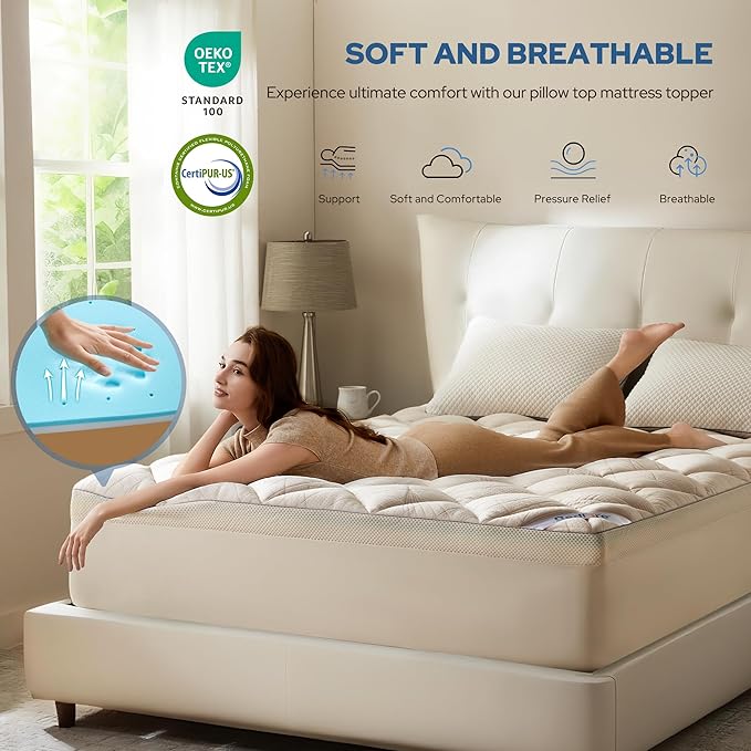 Bedlore 4-Inch California King Mattress Topper for Back Pain - Dual Layer Medium Support (2" Gel Memory Foam + 2" Cooling Fluffy Pillow Top Pad), Breathable & Pressure Relief (Beige)