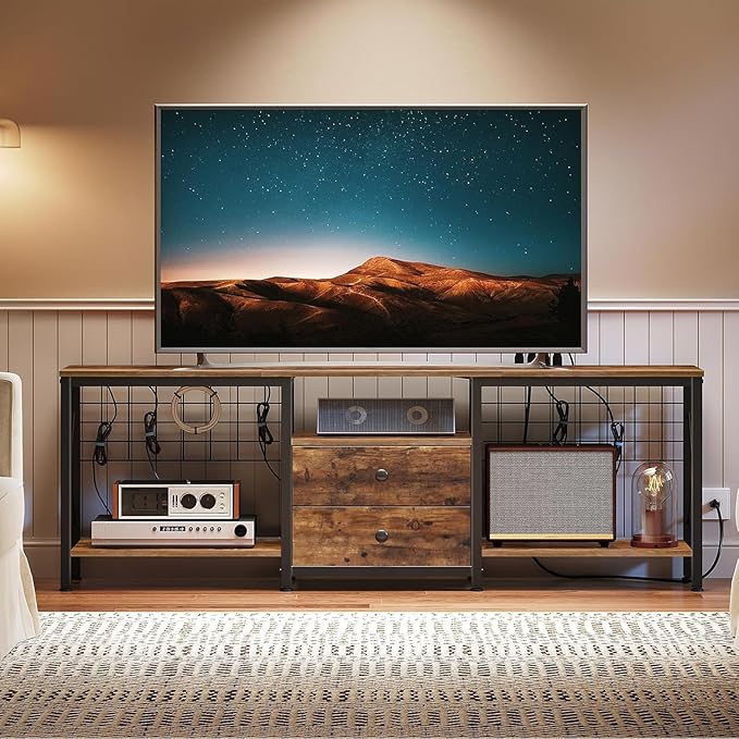 YATINEY TV Stand with Power Outlet Up to 70 Inch, Entertainment Center with 2 Fabric Drawers, TV Console Table with Open Storage Shelves for TVs, Cable Management, for Living Room, Bedroom, DS16UBRY1 by Yatiney