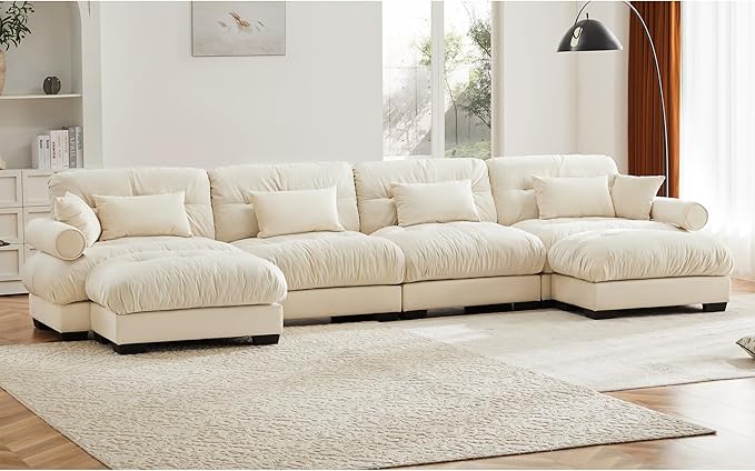 KEIKI 166" U-Shaped Oversized Velvet Modular Sectional Sofa with 2 Ottoman, High-Density Foam Cushions and Bolstered Armrests, Upholstered 4-Seater Cloud Couch with 6 Pillow, for Living Room, Cream