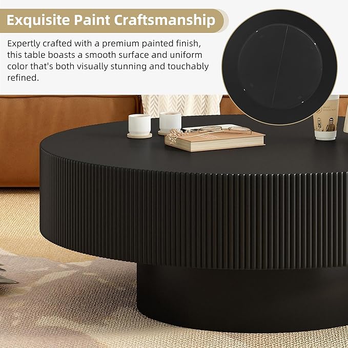 Merax Modern 31.5W Round Coffee Table with Sturdy Base, Wood Sofa Center Tables for Living Room, Reception Room, Easy Assemble, Black