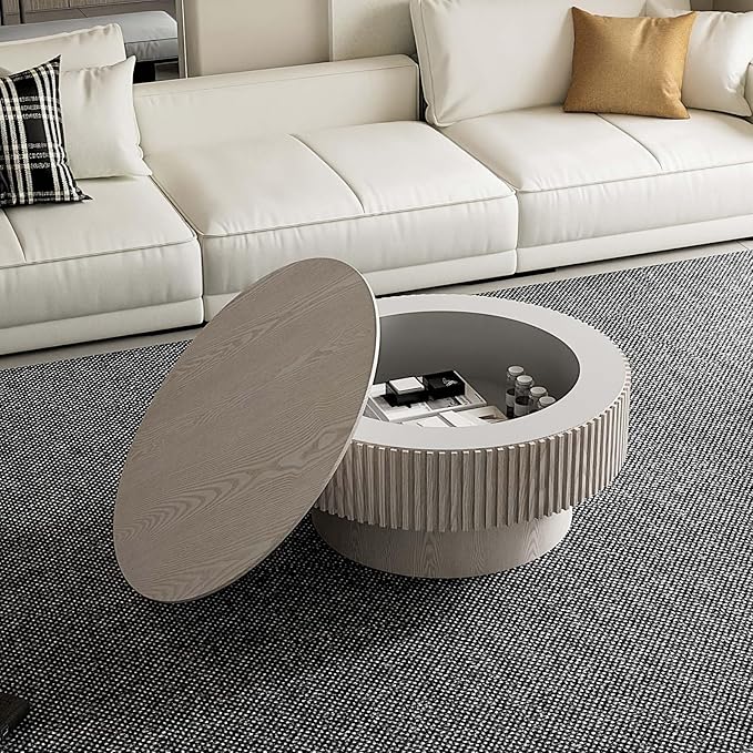 Round Coffee Table with Storage, Modern Wooden Coffee Table with Solid Wood Veneered, Circle Center Table Accent Tea Table for Living Room Small Space (31.5''L × 31.5''W × 14''H, Retro White)