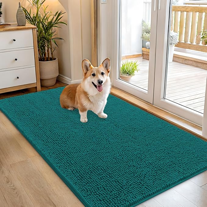 OLANLY Dog Door Mat for Muddy Paws 54x32, Absorbs Moisture and Dirt, Absorbent Non-Slip Washable Doormat, Quick Dry Chenille Mud Mat for Dogs, Entry Indoor Entryway Carpet for Inside Floor, Lake Blue by OLANLY