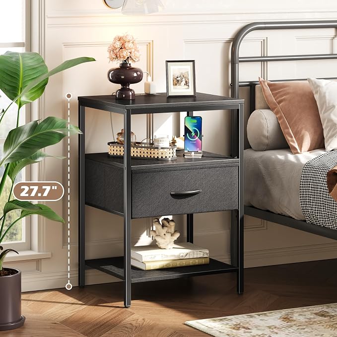 SUPERJARE Night Stand with Charger Station, 27.7 Inch Tall Nightstand with Adjustable Fabric Drawer, Bed Side Table, Fabric Drawer Dresser for Bedroom, Living Room, Black - Image 2