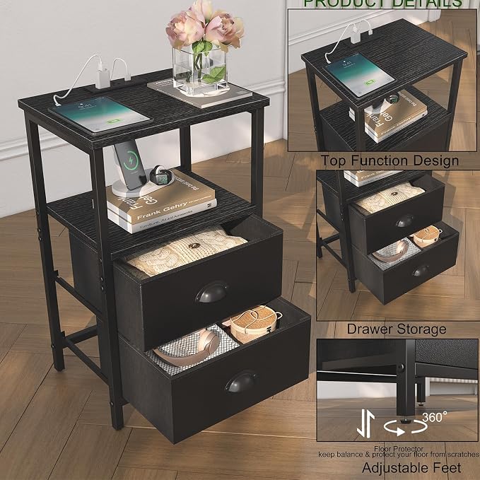 sthmec Nightstand with Charging Station, Night Stand with 2 Fabric Drawers PU Finish, Bedside Table End Table with LED Light, 3-Tier Storage Side Table Nightstand with Drawers for Bedroom,Black - Image 6