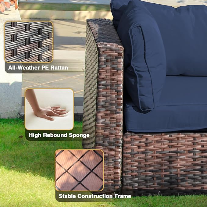 5 Piece Patio Furniture Set All Weather PE Rattan Outdoor Sectional Sofa Couch with No-Slip Cushions and Glass Top Table for Garden, Poolside, Backyard (Blue)
