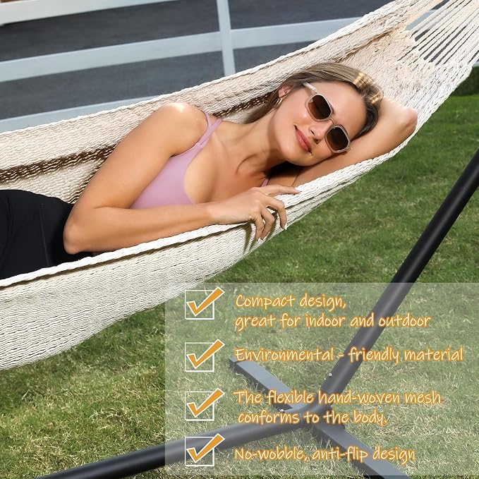 ZEAN Handwoven Hammock by Thick Cotton Rope XXL Two Person Hammock for Outside, Patio Backyard Garden 550LB Capacity - Image 4