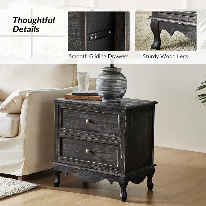 HULALA HOME Solid Wood End Table with Charging Station Space, Vintage Endtable with Wood Legs and 2 Drawers, French Side Table for Living Room, Charcoal - Image 4