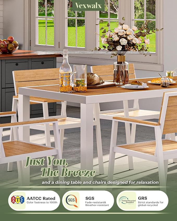 Vexwalx 5-Piece Outdoor Dining Set, Aluminum Dining Table Set for 4, Patio Table and Chairs Set with Umbrella Hole, All Weather HDPS Outdoor Table and Chairs for 4 (White-Teak) - Image 5