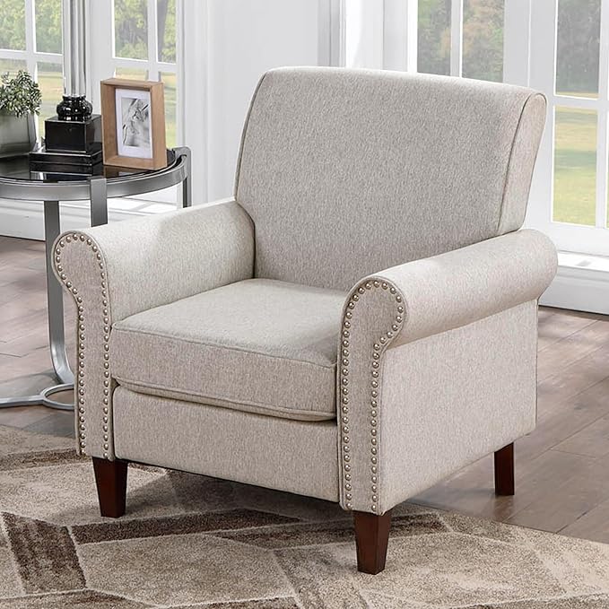 Prilinex Upholstered Living Room Chair Set of 3 - Large Comfy Fabric Accent Chair Single Sofa with Cushion, Rolled Armrest & Nailhead Trim, Mid Century Farmhouse Armchair for Bedroom, Office, Beige