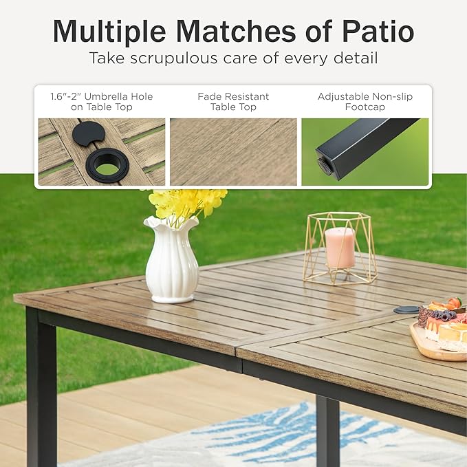 PHI VILLA 64" Rectangle Outdoor Dining Table, Patio Furniture Wood-Like Tabletop with Umbrella Hole for Patio Lawn Backyard Garden, Brown - Image 6