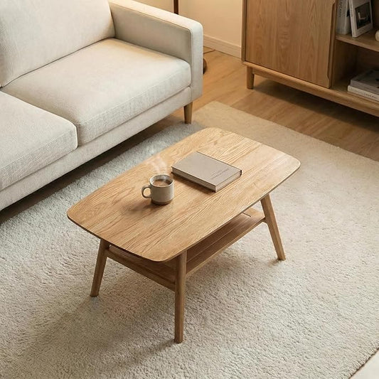 Mid Century Modern Coffee Table: 100% Solid Wood Coffee Table - 2-Tier Storage Design - Space Saving Small Coffee Tables for Living Room, Apartment (Natural, 31.49")