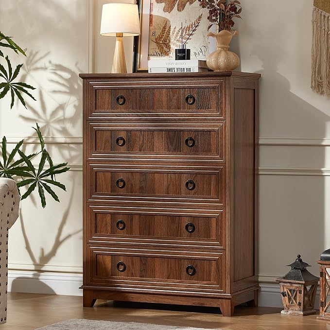 Joaxswe Farmhouse 5 Drawer Dresser for Bedroom Set of 2, 42" Tall Small Dressers & Chest of Drawers, Rustic Wood Dresser with Metal Handle, Storage Organizer Closet for Living Room, Hallway,Entryway - Image 4
