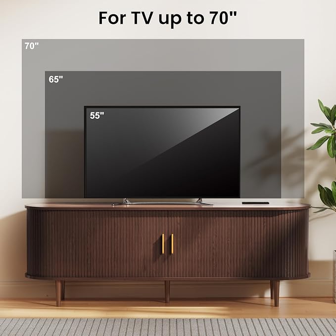 DHH 63 Inch Mid Century Modern TV Stand with Power Outlet for TVs up to 70 Inch, Entertainment Center with Storage and Adjustable Shelves, Media Console with Sliding Doors for Living Room(Walnut) - Image 3