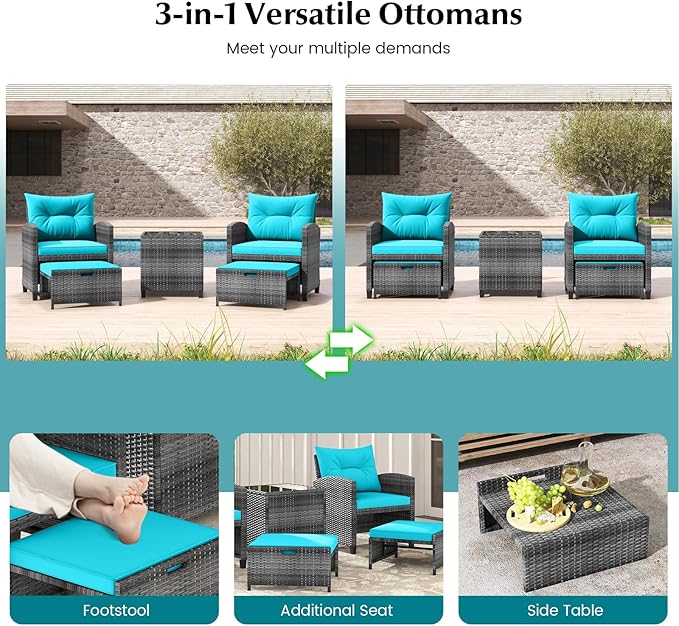 Tangkula 5 Pieces Patio Conversation Set, PE Wicker Rattan Outdoor Furniture Set with 2 Chairs, 2 Ottomans & Tempered Glass Coffee Table, Ideal for Poolside, Backyard, Lawn, Deck, Mix Grey & Turquoise