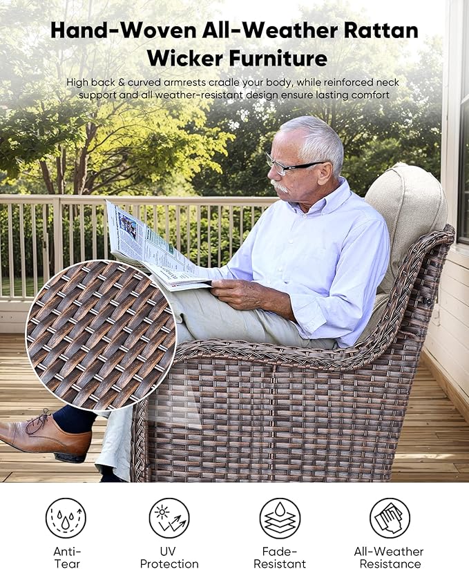HUMMUH 3-Piece Swivel Rocking Rattan Chair Outdoor, Patio Bistro Furniture Conversation Set, Cushioned Wicker Chair with Glass Coffee Table (Brown, Beige)