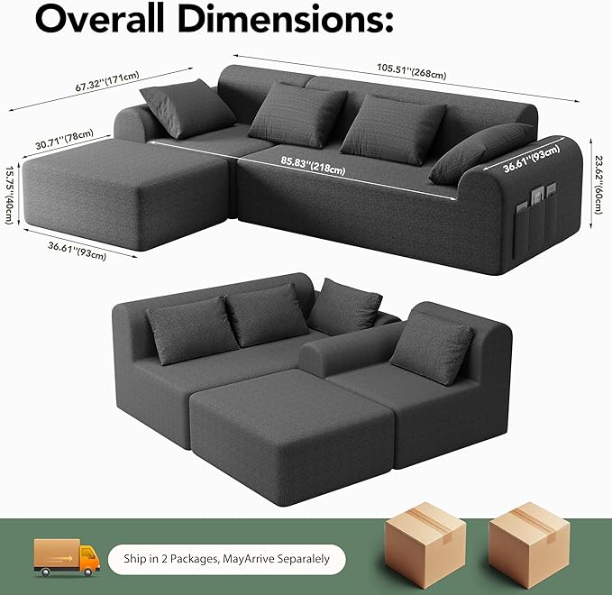 Rengue 105.5" Cloud Boneless Sectional Sofa for Living Room, 4-Seater L-Shaped Comfy Couch with Ottoman, 4 Pillows, Deep Seat Chenille Sofa, No Assembly Required (Dark Grey) 72h to Restore