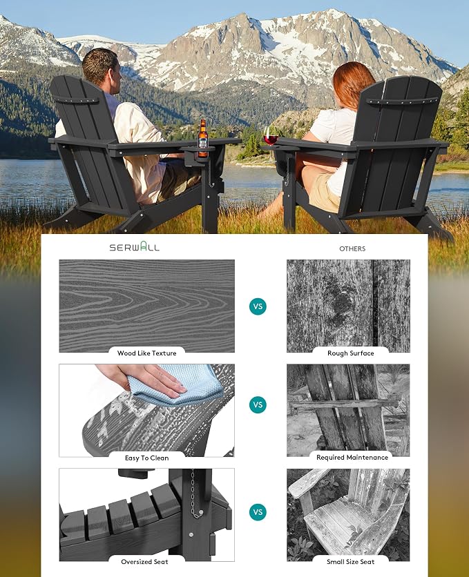 SERWALL Foldable Adirondack Chair Set of 6, HDPE Adirondack Chair with Wood-Texture-Gray - Image 5