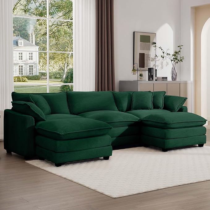KEIKI 115" U-Shaped Oversized Corduroy Modular Sectional Sofa with 2 Ottoman, High-Density Foam Cushions, Removable Armrests, Upholstered 3-Seater Corner Couch with 5 Pillow, for Living Room, Green