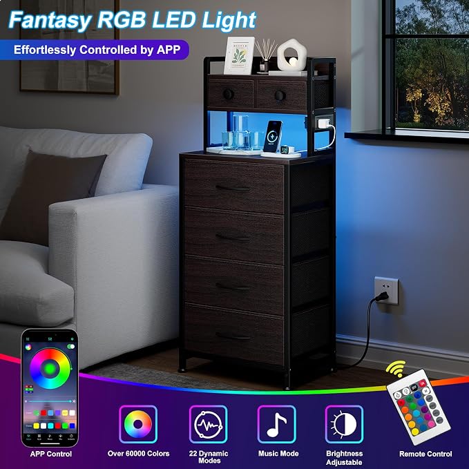 REAHOME 41 Inch Tall Nightstand with Charging Station, LED Night Stand with 6 Fabric Drawers, Bed Side Table with 3-Tier Wood Storage Shelves for Bedroom, Office, Small Spaces, Leather Brown - Image 7