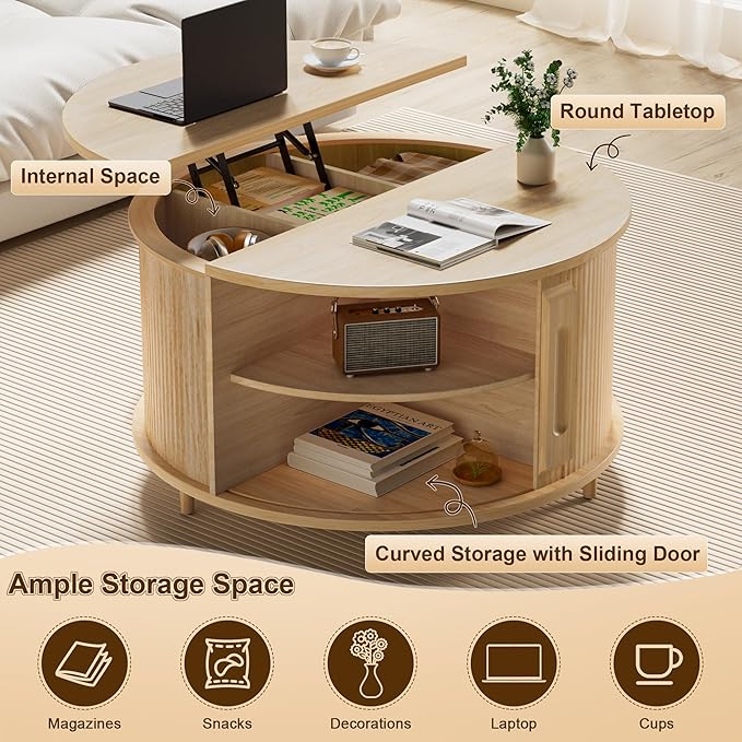 Round Lift Top Coffee Table, 31.5" Fluted Wood Accent Coffee Table with 180° Curved Sliding Door, Hidden Storage, Mid Century Modern Center Table for Living Room Office Small Spaces, Oak