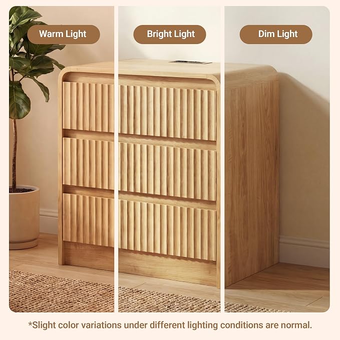 Seang 24" Fluted Nightstand with Charging Station,Wooden Bedside Table with Curved Profile Design,3 Drawers Storage,Large End Table for Bedroom,Natural,Set of 1 - Image 6