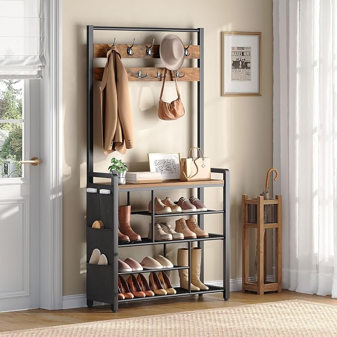HOOBRO Hall Tree with Bench, Shoe Rack with Coat Rack, Coat Rack with Shoe Storage, 5 Tier Shoe Storage Organizer with Oxford Fabric Side Pockets, Coat and Shoe Rack Entryway, Rustic Brown BF45MT01 - Image 2