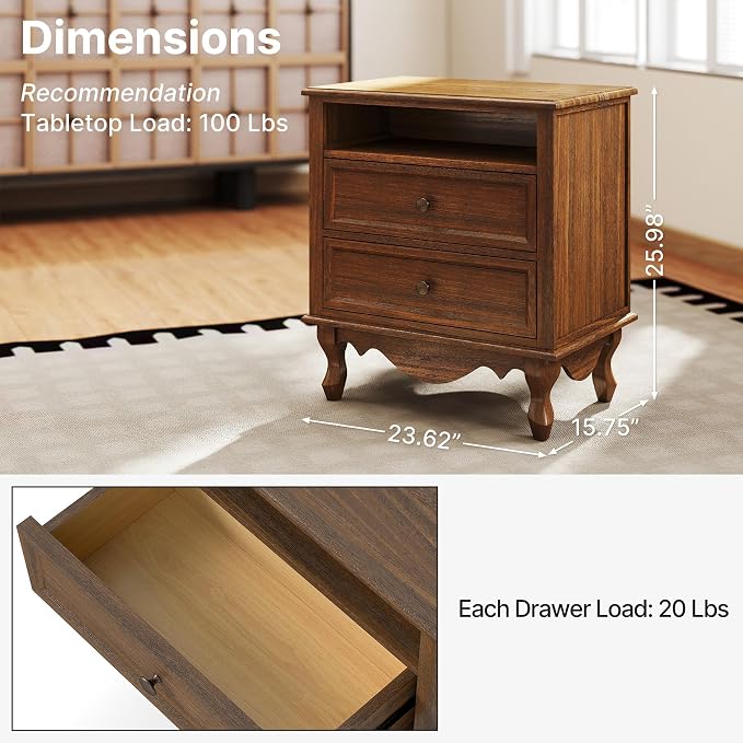 Solid Wood Nightstands Set of 2, Fully Assembled Night Stand with 2 Drawer & Open Shelf Storage, Bedside Table with Charging Station, Mid-Century Modern End Table for Bedroom, Walnut - Image 2