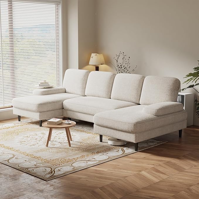 DUMOS Sectional Couches for Living Room, U Shaped Couch with Double Chaise Lounge, Modern Chenille Fabric 4-Seat Couch with Removable Pillows for Apartment/Small Space, Beige