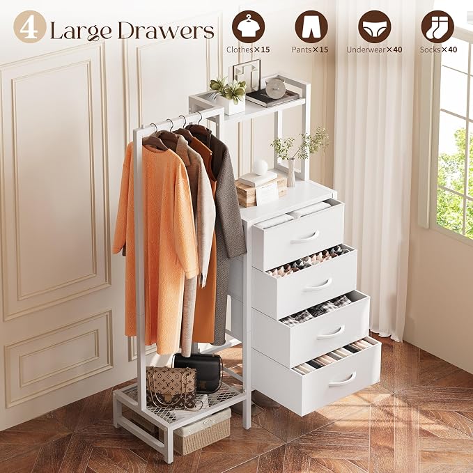 Yoobure White Dresser with Hanging Rack - Small Dresser for Bedroom with 4 Drawers, 44'H Chest of Drawers, Reversible Kids Dressers with Storage Shelf, Closet Dressers with Clothes Rack, Sturdy Frame - Image 4