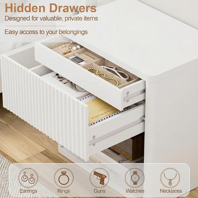 XIAO WEI Set of 2 White Fluted Nightstands with Hidden Drawer, 22.8" Wide Modern Bedside Table with Open Shelf, Large White Accent End Table, Curved Safety Profile Design - Image 4