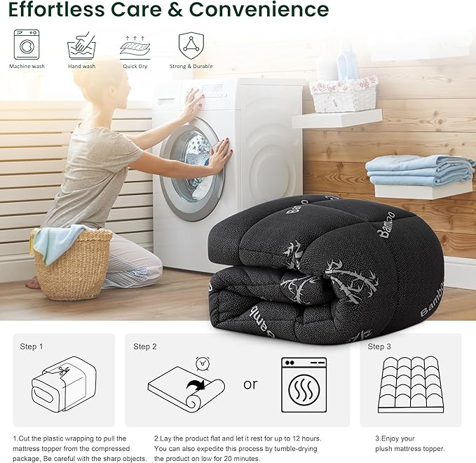 Love's cabin Full Size Mattress Topper Viscose Derived from Bamboo, Thick Pillow Top Mattress Pad with Stretchable Pockets for 8"-20" Mattress, Soft Cooling Mattress Topper for Hot Sleepers, Black