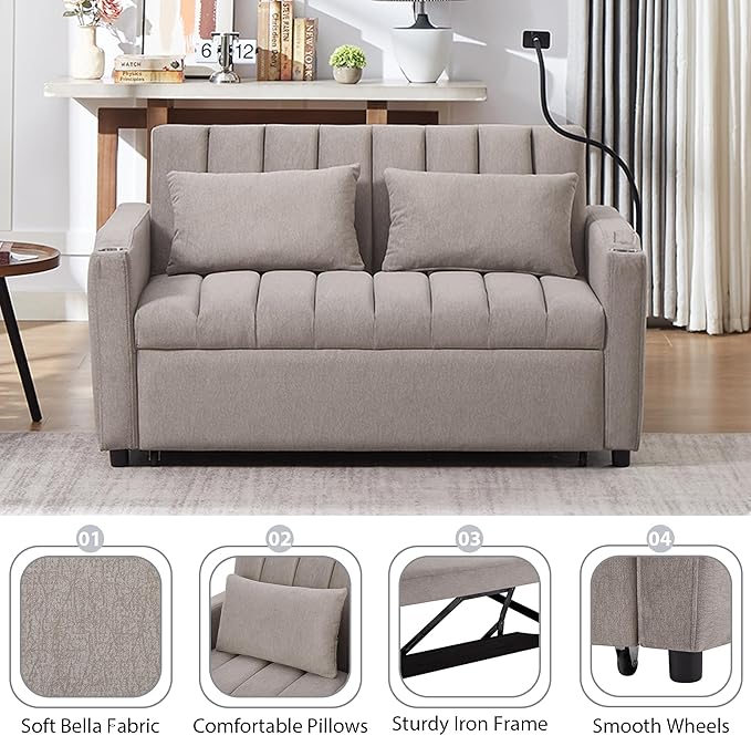 Eafurn 3 in 1 Convertible Sleeper Sofa Bed - Pull Out Couch Bed with Side Pockets, 55.9" Futon Love Seat Sleeper with Cup Holders and 360°Swivel Phone Holder for Living Room