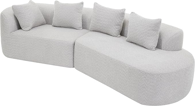 Merax 116" Curved Polyester Sectional Sofa, Modern Pearl Upholstery 3 Seat Cloud Couch with Chaise Lounge & 4 Pillows for Living Room, White+Gray
