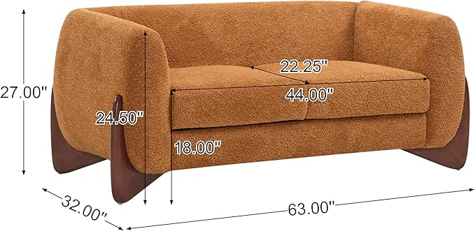 Merax 63 Inch Modern Boucle Upholstered 2-Seater Sofa, Chenille Fabric Loveseat with Solid Wood Legs, Low Profile Small Couch for Living Room, Caramel