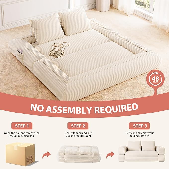 4-in-1 Convertible Folding Sofa Bed, 76 Inch Queen Size Foldable Sleeper Sofa Bed, Wide Corduroy Upholstery, Boneless Mattress Couch with Armrests & Neck Pillow for Living/Bedroom - Beige