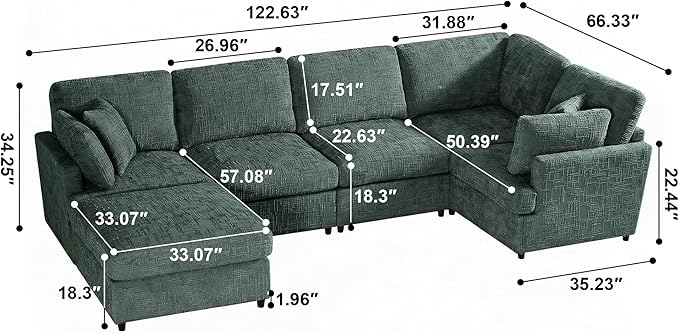 ERYE 122-Inch Modern Corner Modular Sectional Sofa Couches with Ottoman and 4 Toss Pillows, Comfy Chenille Upholstered U-Shaped Sofa Convertible L-Shaped Symmetrical Couch